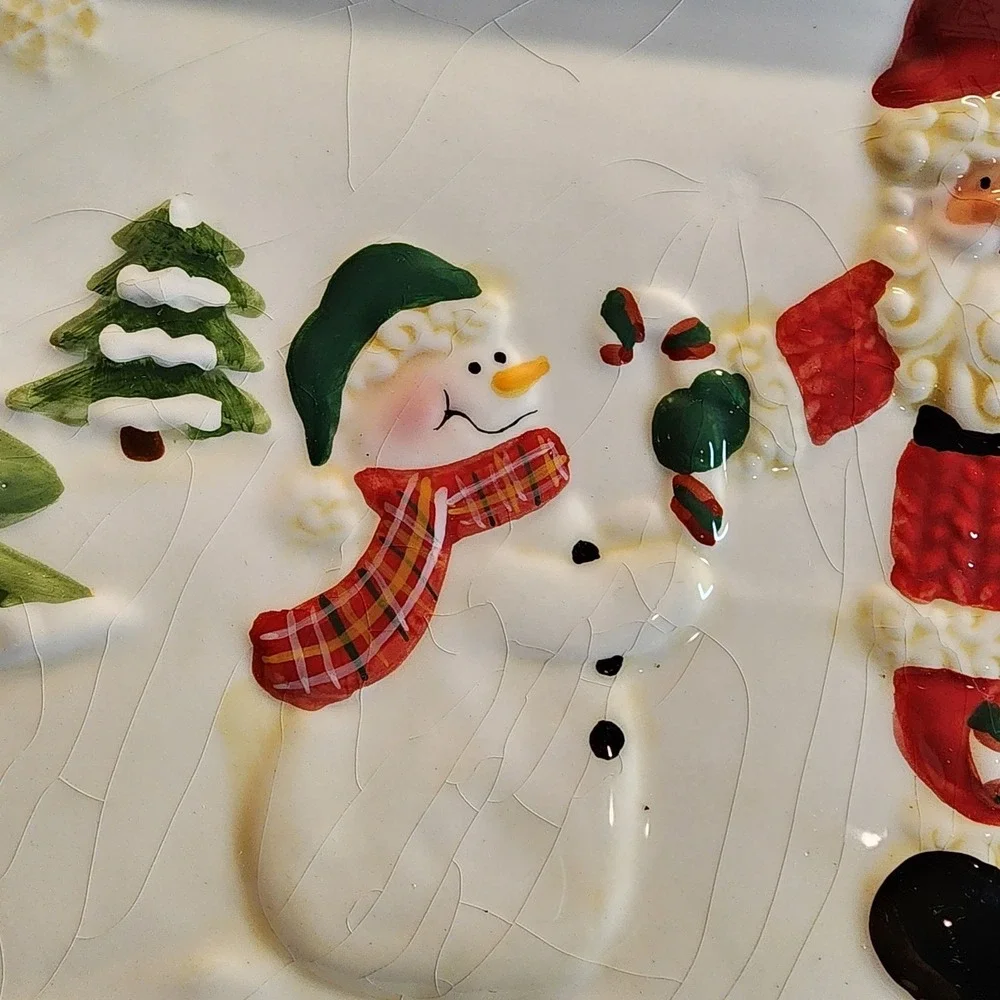 Decorative Vintage Christmas Serving Tray Plate W Santa & Snowman 13